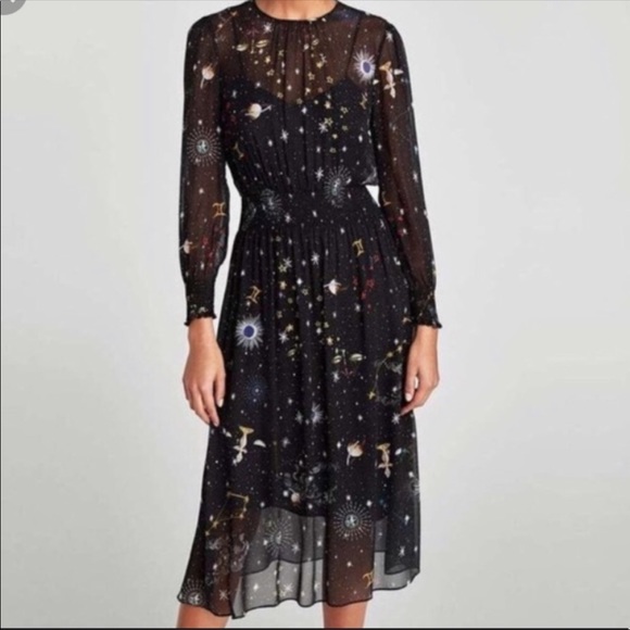 RARE Zara Astrology Midi Dress long sleeve navy dress unlined smocked sleeves - Picture 2 of 12
